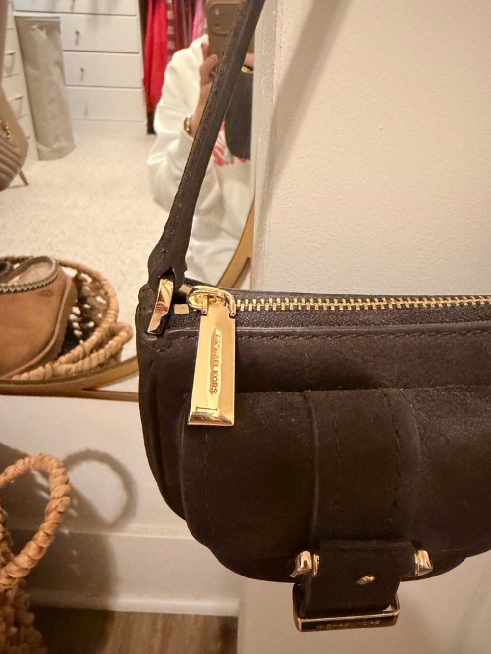 Michael Kors Dark Brown Suede Mini Shoulder Bag with Gold Hardware - Picture 3 of 5